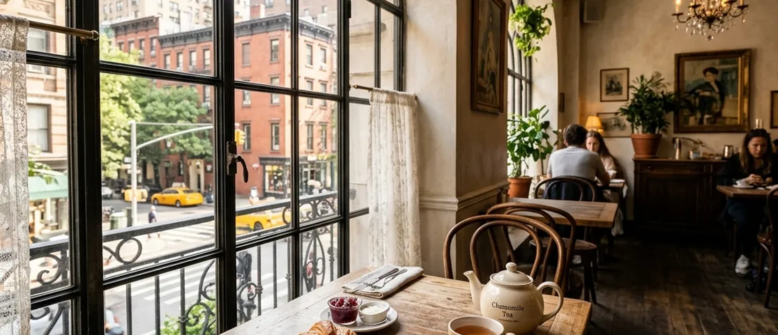 Quiet sunlit breakfast table next to a tall arched window in an elegant Manhattan French cafe with fresh berries, warm croissants, and chamomile tea