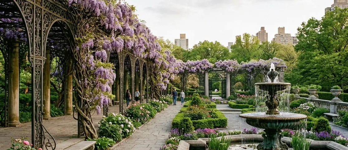 Serene Conservatory Garden in Central Park with ornate wisteria pergolas, fountains, and quiet stone pathways in soft afternoon light