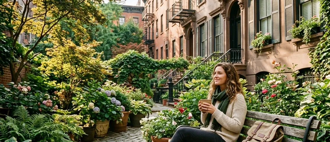 Relaxed traveler sitting peacefully on a wooden bench with a warm ceramic tea cup in a lush sunlit garden courtyard in Manhattan