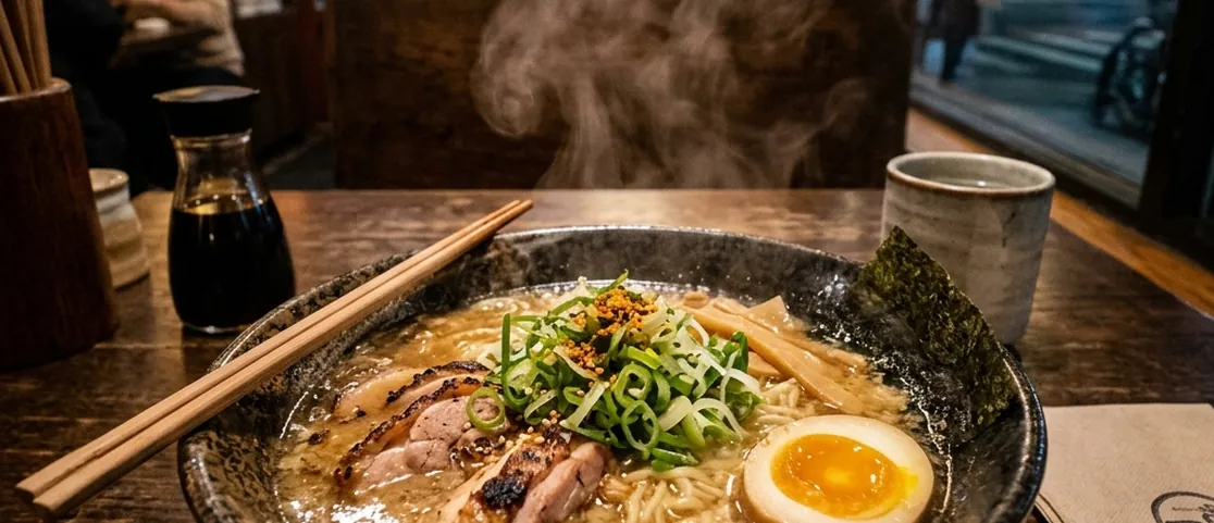 Steaming bowl of nourishing chicken bone broth ramen with soft boiled egg and scallions on a dark wooden booth table in an intimate quiet Manhattan Japanese noodle house