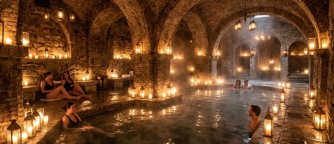 Luxurious candlelit subterranean thermal bathhouse in Manhattan with steaming warm water pools, ancient brick arches, and soft glowing lanterns
