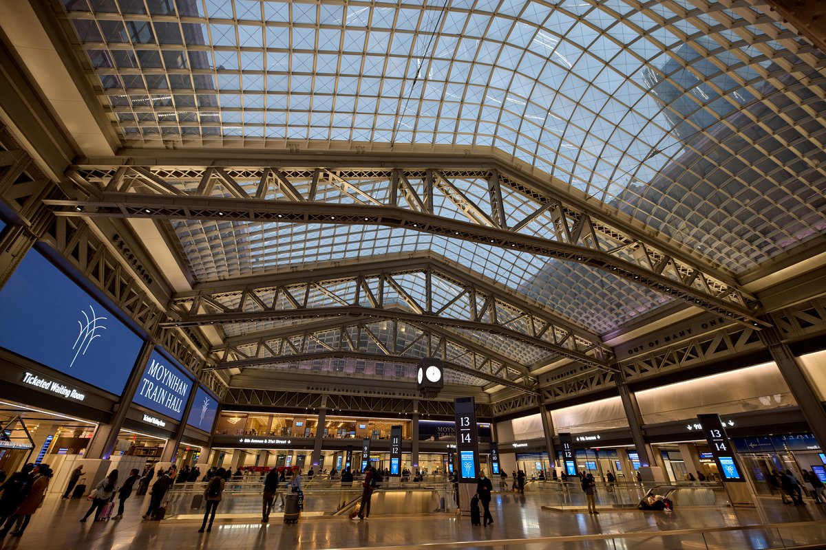 Moynihan Train Hall grand concourse at New York Penn Station for NJ Transit arrivals