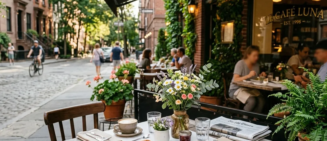Intimate quiet table setting at a cozy European-style Manhattan cafe with coffee, croissants, and fresh flowers in morning sunlight