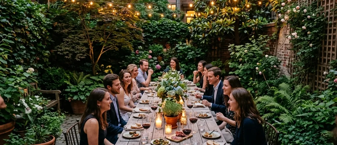 Elegant courtyard garden dining table with wine glasses, small plates, and lush green foliage in a quiet Manhattan sanctuary