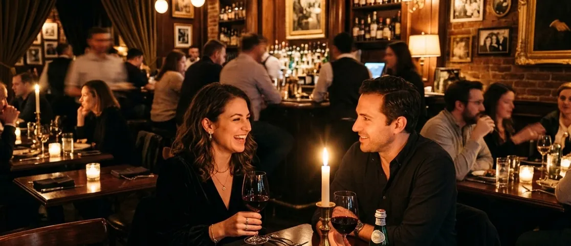 Warm candlelit ambiance at a historic speakeasy restaurant table in Manhattan with wine glasses, polished wood, and ambient lighting