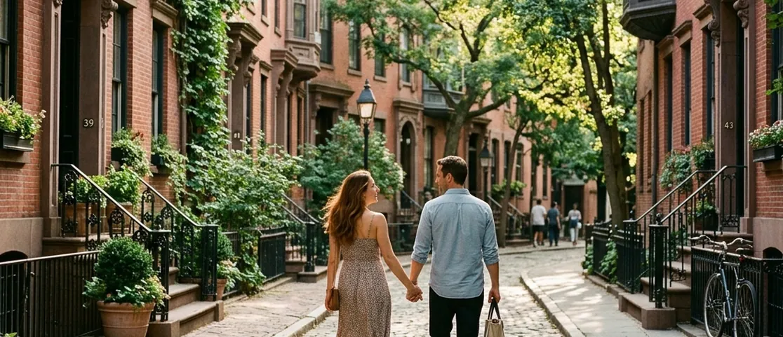 Romantic couple walking hand-in-hand down a peaceful sun-dappled West Village cobblestone street lined with historic brownstones