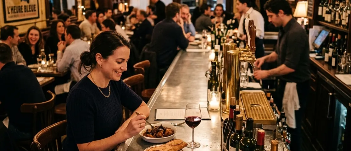 A single diner enjoying a steak frites dinner and glass of wine at a warm French bistro bar counter in Manhattan