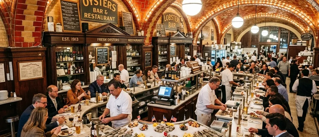 Historic Grand Central Oyster Bar U-shaped lunch counter in Manhattan
