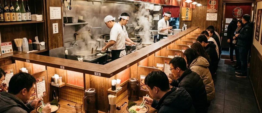 Authentic Japanese ramen counter in Midtown Manhattan with individual booth seating