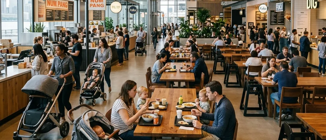 Spacious ground-floor stroller-friendly food hall at Brookfield Place Manhattan with wide aisles