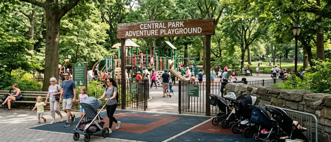 Shaded paved playground entrance in Central Park Upper West Side with rubberized safety surfacing