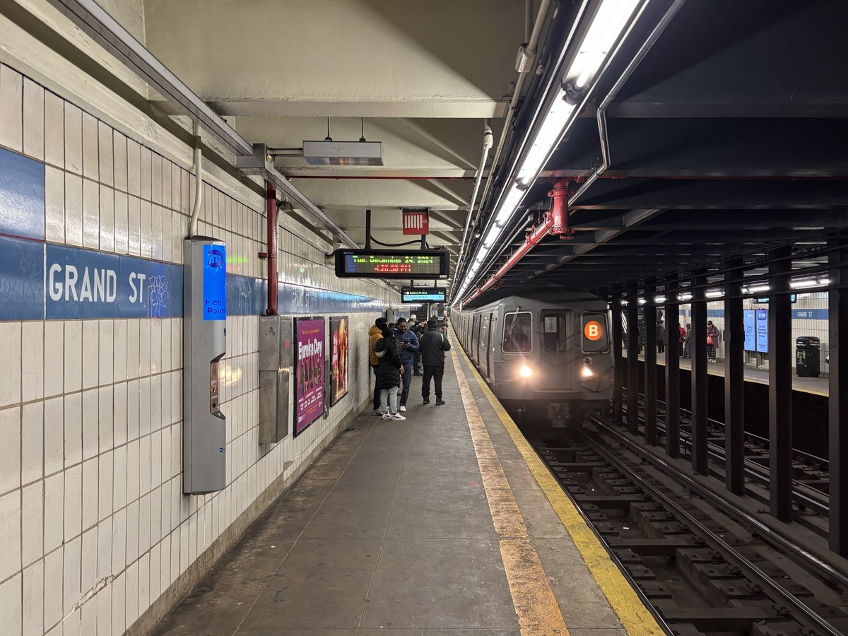 NYC Subway platform sign showing Express and Local service trains for luggage planning