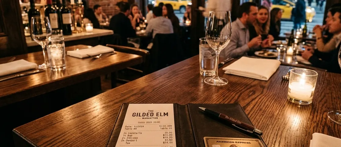 Elegant wooden restaurant table in a Manhattan bistro with an itemized receipt billfold, credit card, and pen
