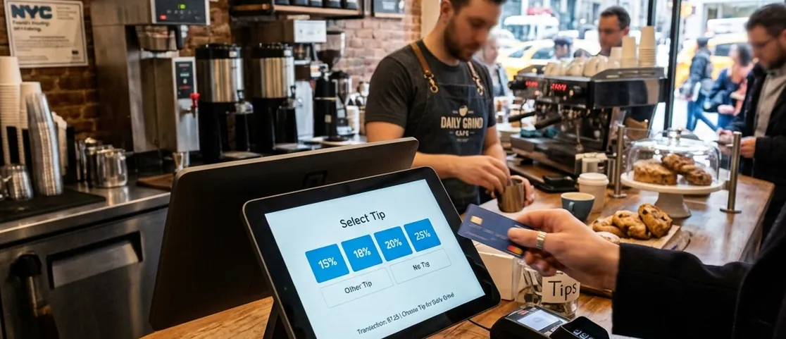Modern digital point-of-sale touchscreen payment terminal at a Manhattan coffee counter showing tip percentage options