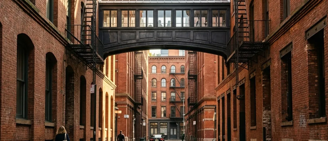 Quiet sunlit cobblestone street in Tribeca Manhattan featuring the iconic Staple Street skybridge connecting two historic brick loft buildings