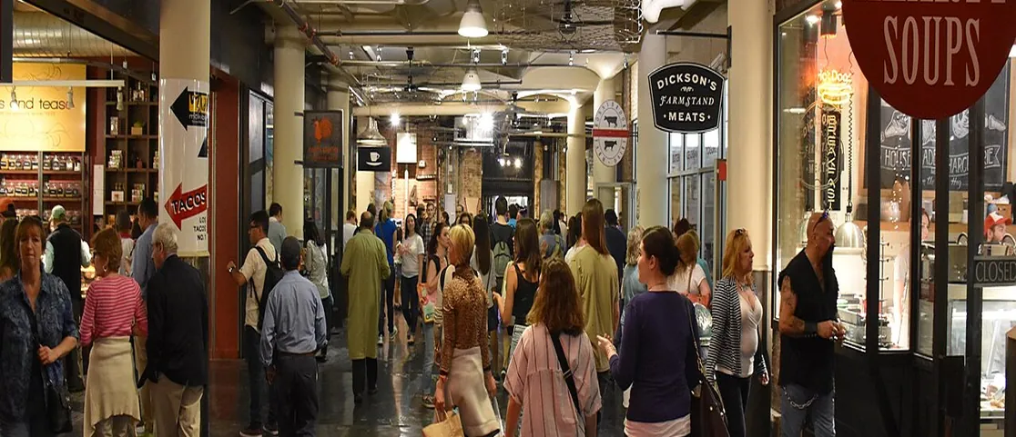 Chelsea Market warm brick indoor food concourse and retail shops in Manhattan