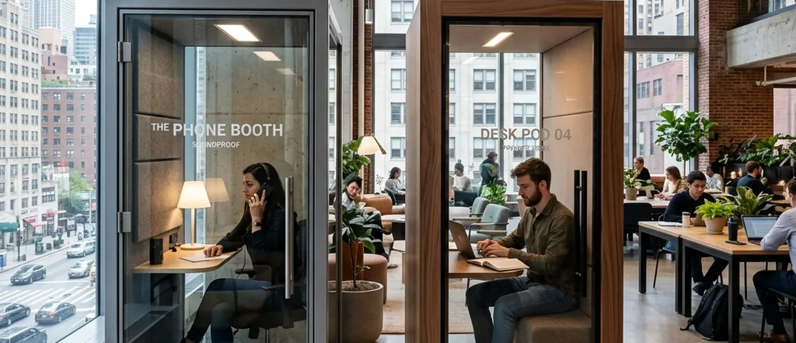 Soundproof glass phone booth and private hot desk pod inside a sleek Midtown Manhattan co-working space