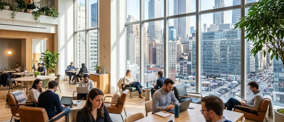 Bright sunlit modern Midtown Manhattan workspace lounge with large windows overlooking skyscrapers
