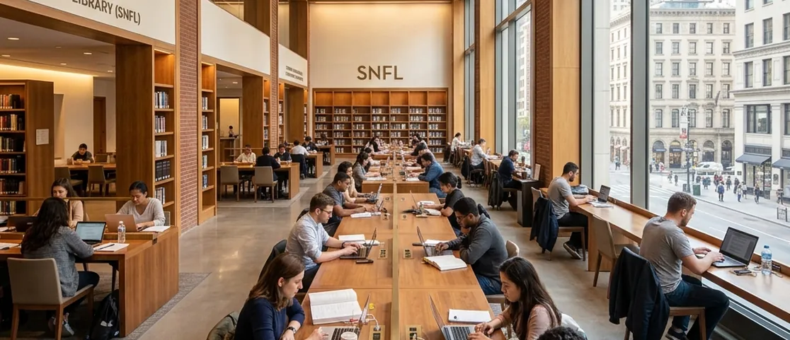 Sun-drenched reading room and quiet study desks with laptop charging ports inside renovated Stavros Niarchos Foundation Library on 5th Ave Midtown