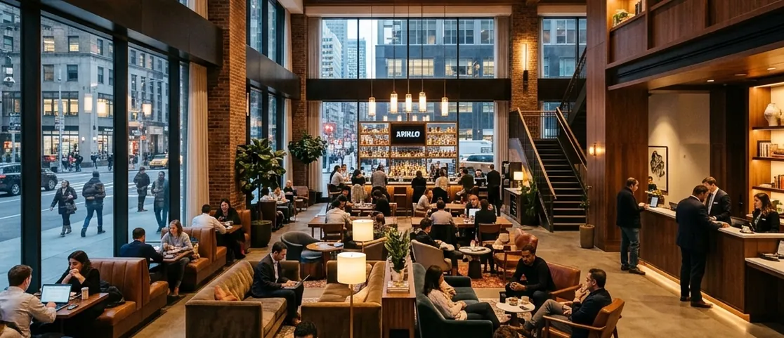 Modern spacious hotel lobby lounge at Arlo Midtown with warm lighting, plush seating, and laptop workers