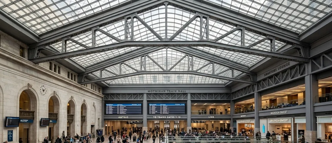 High-ceilinged concourse and seating lounge inside Moynihan Train Hall in Manhattan with natural light streaming through glass skylights